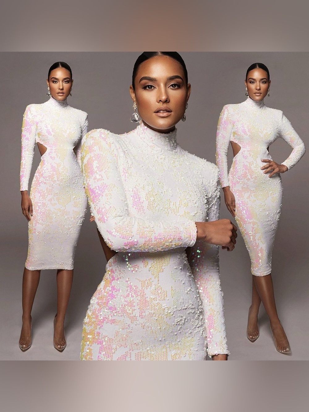 JLUXLABEL White Sequin High-Neck Midi Dress with Iridescent Pastel Accents